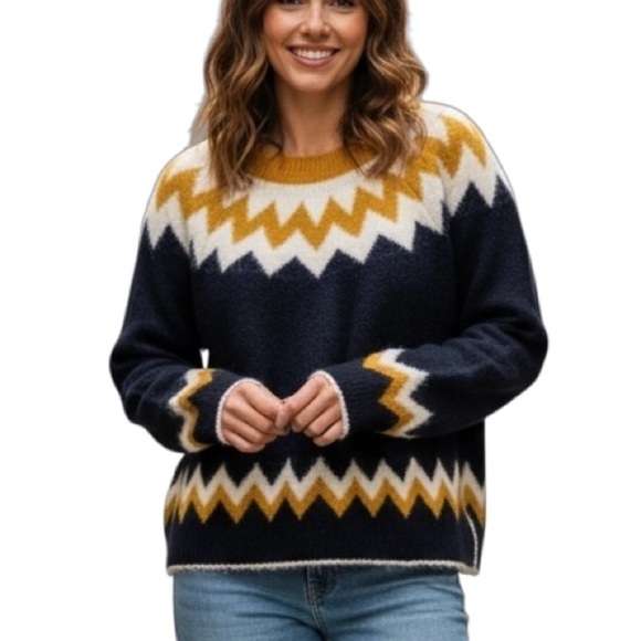 Silverflint Sweaters - Silverflint Fairisle Soft Cozy Crew Neck Knit Sweater Medium Navy Mustard Yellow
